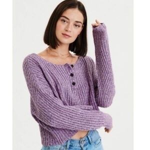 American Eagle Heathered Purple Chunky Cropped Henley Sweater